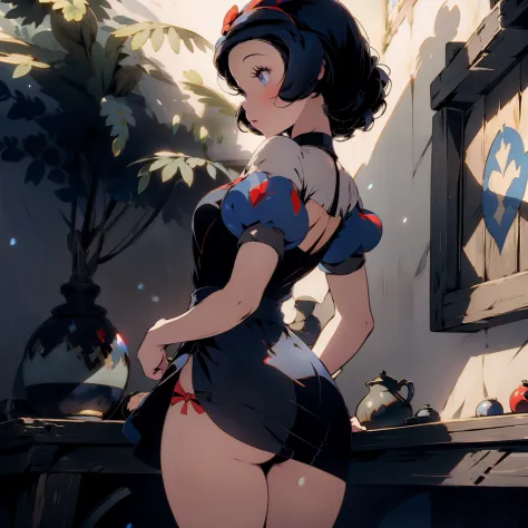best quality, masterpiece, absurdres, 1girl, solo, snow white ,snow white, black short hair, red ribbon, modern disney style, see-through, blue eyes, bubble butt, back view, extremely sexy, seductive, standing, indoors, blushing, embarrased, flirty