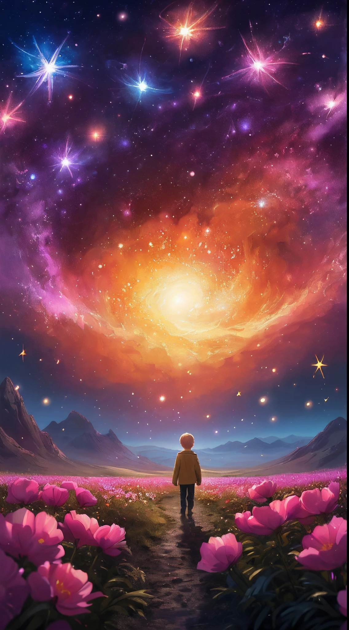 una pintura de un niño pequeño rubio caminando por un campo de flores, cosmos infinito en el fondo, mirando hacia el cosmos, en el cosmos, vast cosmos, Imaginación Sueño Cósmico, en un campo cósmico, pintura digital de ensueño, en el plano astral ) ) ), sobre un fondo de galaxia, En el universo, Hermoso espacio, sentado en el celaje cósmico