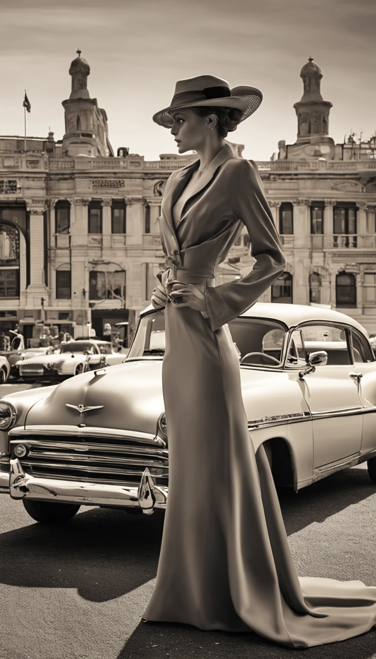 "Imagine a captivating scene that pays homage to the timeless allure of motor vehicles. In this evocative setting, a stunning woman takes center stage beside a meticulously preserved vintage car, embodying the epitome of timeless beauty and elegance.

Her presence exudes confidence and charisma as she strikes a pose that captures the essence of sophistication and grace. She is adorned in exquisite vintage attire that seamlessly blends timeless style with a touch of nostalgia. Her clothing accentuates her every curve, creating an aura of irresistible allure.

Her face is an embodiment of perfection, featuring captivating eyes that convey a world of mystery and allure. Her hands, graceful and poised, add to the overall elegance of the scene. Her figure is nothing short of breathtaking, with a silhouette that showcases the epitome of femininity.

As the AI algorithm brings this vision to life, it captures every intricate detail with precision. The scene is bathed in an enchanting light that accentuates the woman's allure and the vintage car's timeless beauty.

This artwork encapsulates the essence of a bygone era, where beauty, elegance, and the allure of motor vehicles converge to create a mesmerizing portrayal of the perfect woman and her vintage car."