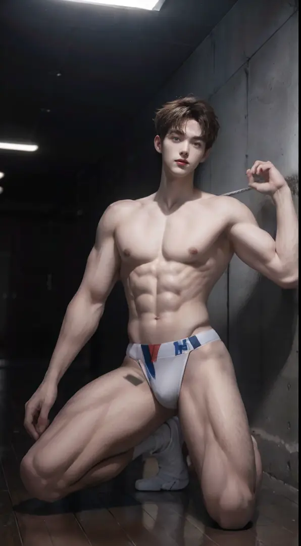 (((Best quality))),(((Ultra detailed))),(((Masterpiece)))，（Cute tall Shota：2），The height of a volleyball player，solo person，（full bodyesbian：3），（Stay away from the lens：3），Expose your legs，Bare topless，Bare lower body，（revealing the whole body：2），（Frontal ...