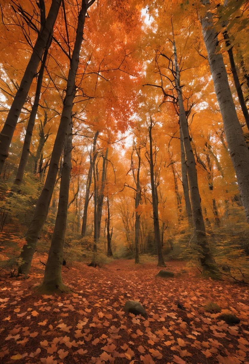 A serene autumn landscape featuring a forest of maple trees with leaves in vibrant shades of orange, red, and yellow. Medium: Photography. Style: Inspired by the works of Ansel Adams, capturing the grandeur of nature. Lighting: Soft, golden-hour sunlight filtering through the trees. Colors: Warm autumnal palette with deep reds, burnt oranges, and golden yellows. Composition: Captured with a Canon EOS R5, using an RF 24-70mm F2.8 L IS USM lens, Resolution 45 megapixels, ISO 100, Shutter speed 1/125 second, f/8 aperture. Depth of field to focus on the foreground while slightly blurring the background. --ar 16:9 --v 5.1 --style raw --q 2 --s 750