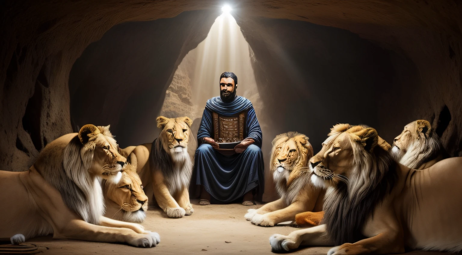 a photo of a man in a cave sitting in front of a group of lions, deus ...