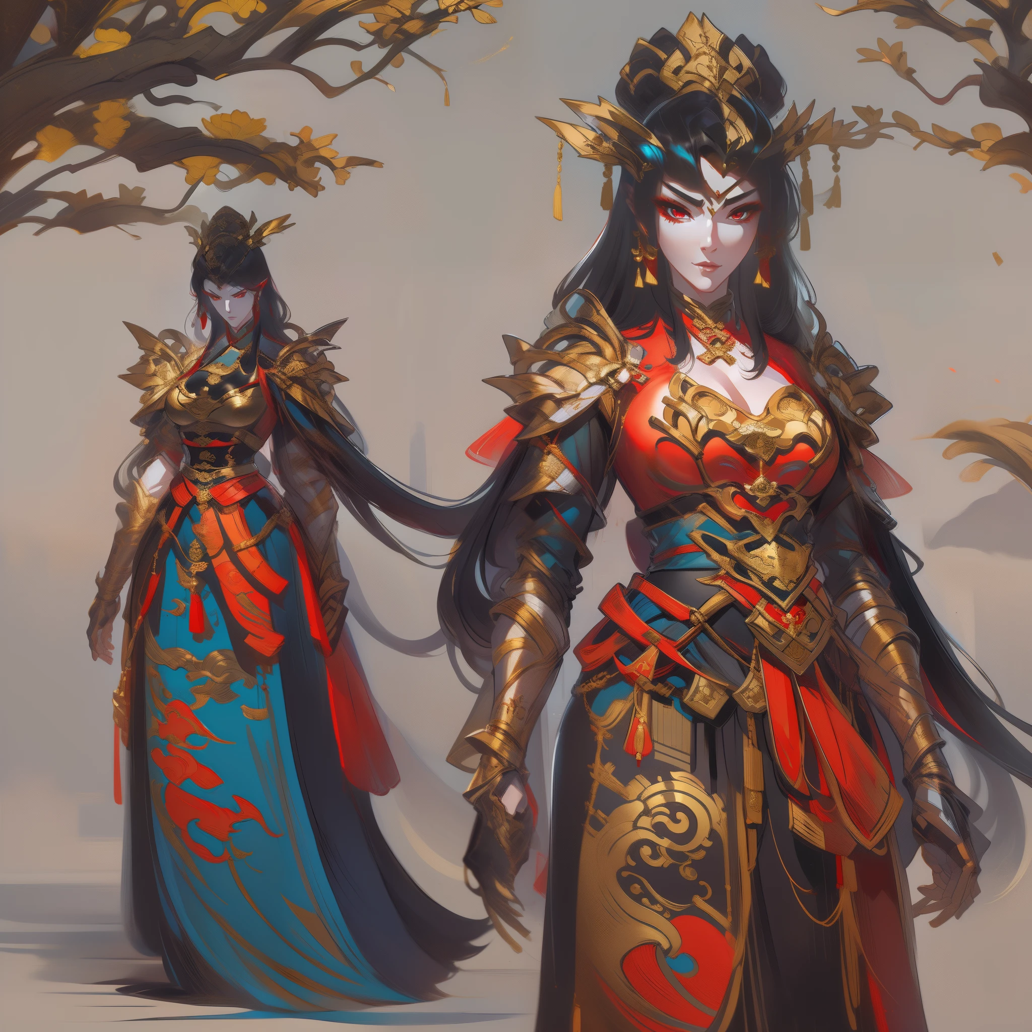 Close-up of a short woman in her 30s, Red eyes and black hair, Dressed in a red and black dress, Red-eyed Chinese queen, Female swordsman, China Princess, Standing in a Chinese temple, new costume concept design, In the style of blade and soul, full body character concept, Detailed character design, inspired by Yang Jin, inspired by Li Mei-shu, lunar themed attire, golden outfit, inspired by Ju Lian, colored concept art, Highly detailed character design, Highly detailed face, Inspired by Ai Xuan, very highly detailed face, unreal engine rendered, final fantasy 14 style