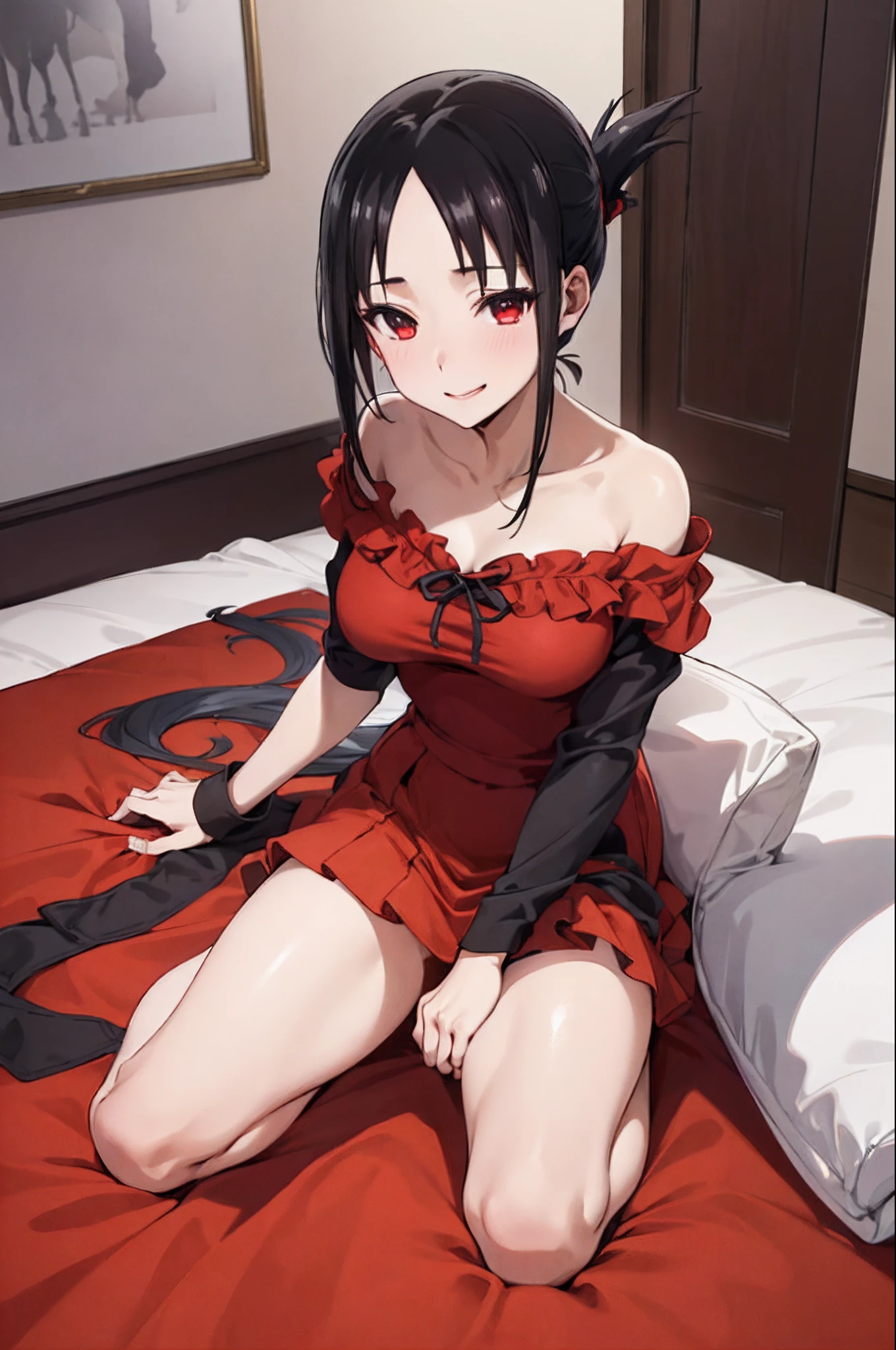 Anime girl in red dress sitting on bed with red sheets - SeaArt AI