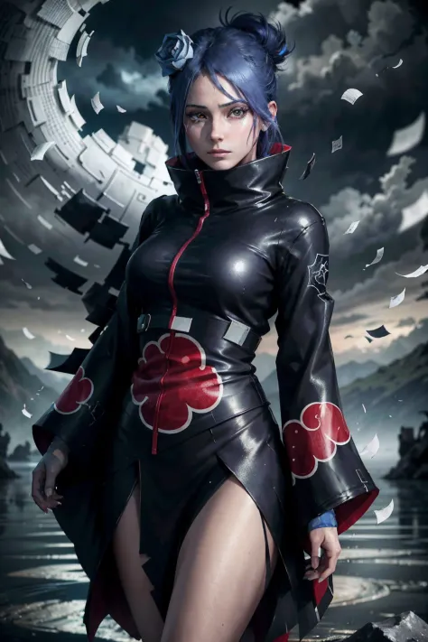 absurdres, (best quality), (masterpiece),(ultra-detailed:1.2),(photorealistic:1.1),(highres),
1girl,
 konan \(naruto\),  (akatsu...