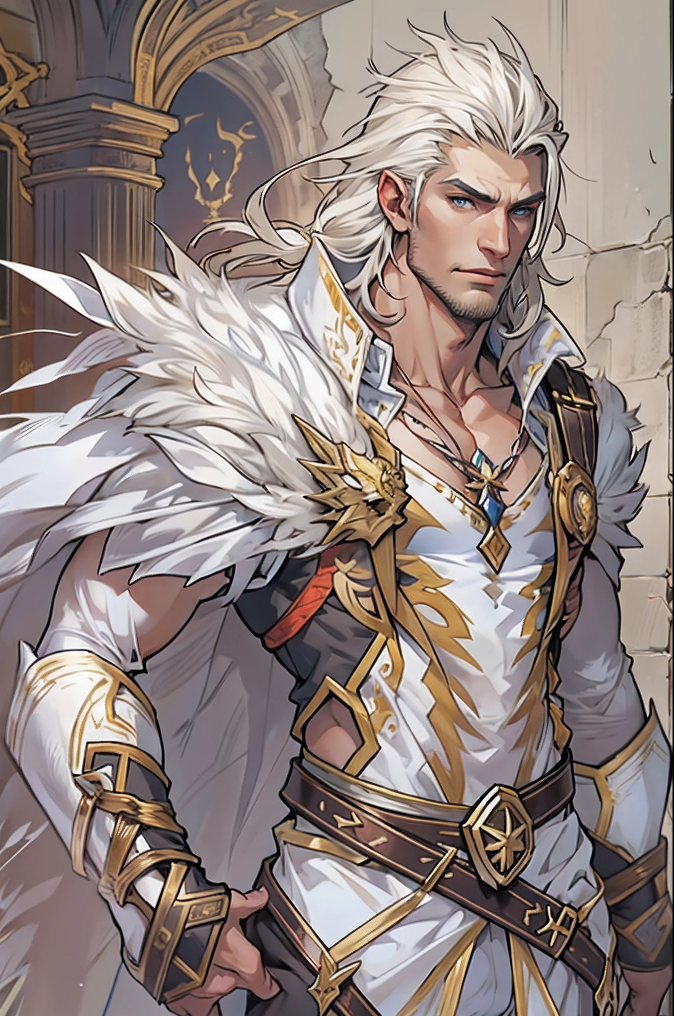 Gaius is a handsome male, fica com 7 metros de altura. He has an athletic body structure. He wears royal costumes that are of silver and gold.. Ele tem lindos cabelos longos e sedosos brancos e uma cor dourada dos olhos. He is seen with a team. Ele tem enormes asas brancas. A big bulge in his pants. White Phoenix human form. Your hair is braided back, roupa medieval, Warcraft, VanHellsing, Castlevania, Ragnarok