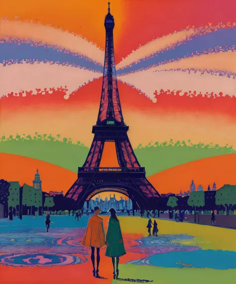 "Casal Paris Torre Eiffel, por xyzVMoscoso, Impressionist romantic style, com pinceladas suaves e cores vibrantes."
