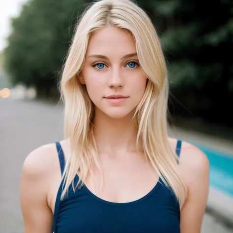 blond woman with blue eyes standing on a street with trees in the background, blonde hair blue eyes, blonde hair and blue eyes, long blonde hair and blue eyes, beautiful blonde girl, blue eyes and blond hair, blond hair blue eyes, gorgeous young model, bea...