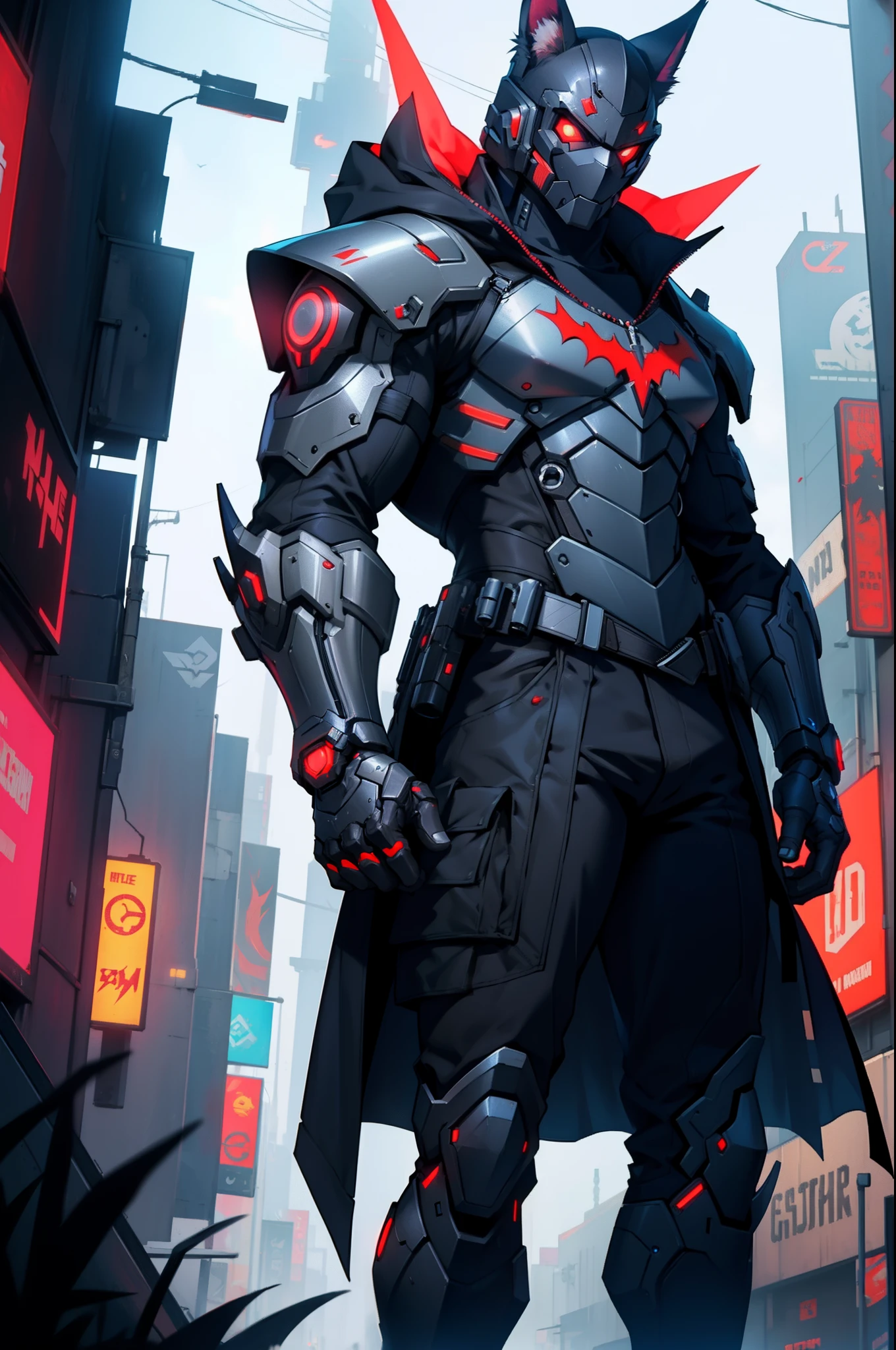 Black and red Batman jackal in suit with sword and armor in a city ...