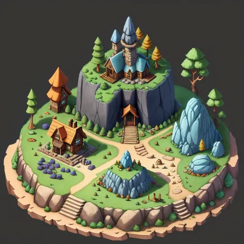 The whole village, a large rock that becomes a symbol in the back, an isometric house in the forest, fantasy colors, RPG style, cartoon, fantasy, details, game