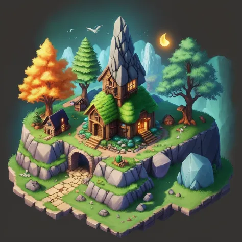 The whole village, a large rock that becomes a symbol in the back, an isometric house in the forest, fantasy colors, RPG style, cartoon, fantasy, details, game