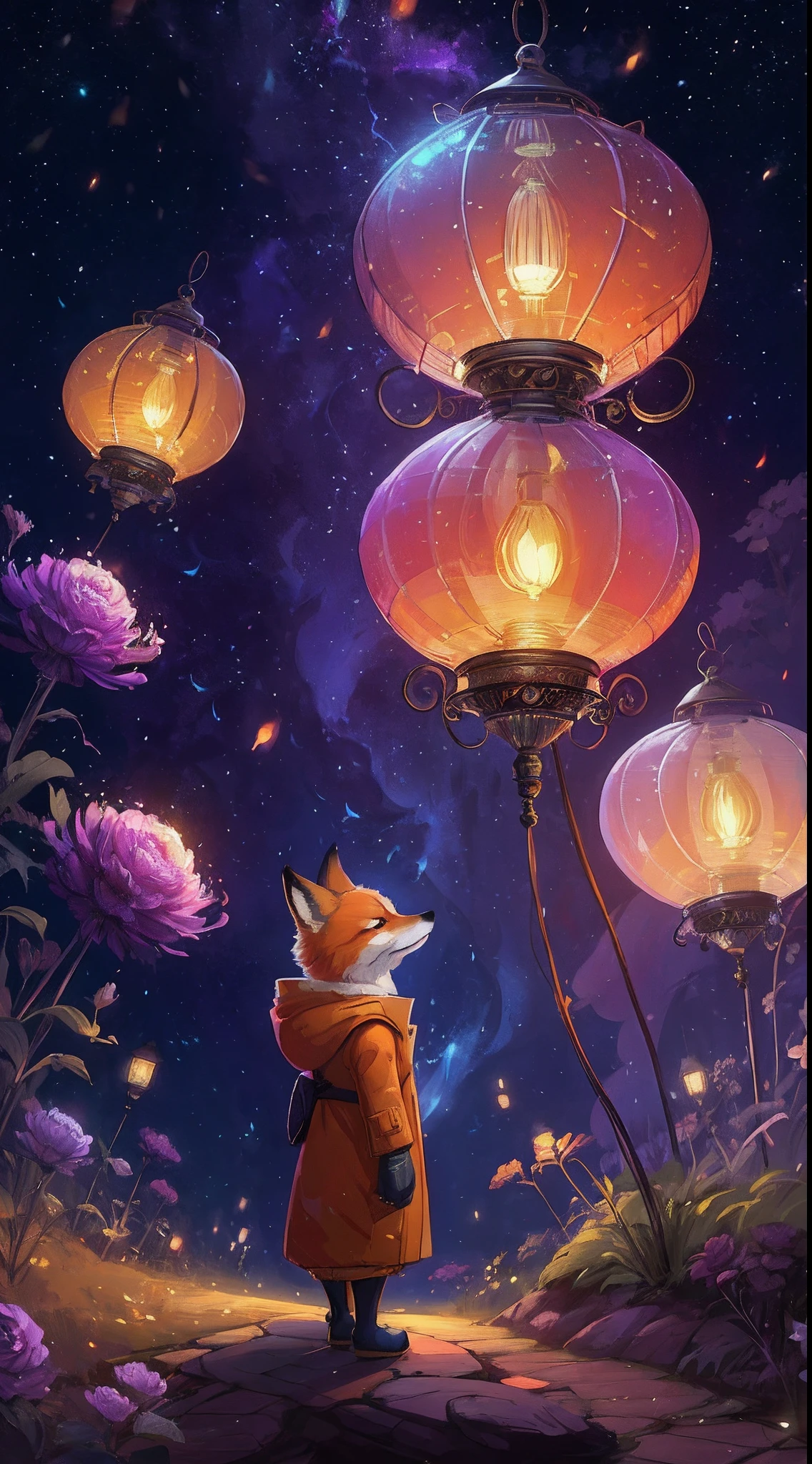 a painting of a fox in a coat looking at 燈籠, glowing 燈籠, 比普爾和傑瑞米亞·凱特納, 美麗的藝術超高清 4 k, 驚人的壁紙, 燈籠, 發光燈! 數位繪畫, 西里爾·羅蘭多和藤田五郎, 美麗的數位藝術作品, 靈感來自西里爾·羅蘭多, 4k 高度詳細的數位藝術, 可愛細緻的數位藝術, 燈籠燈