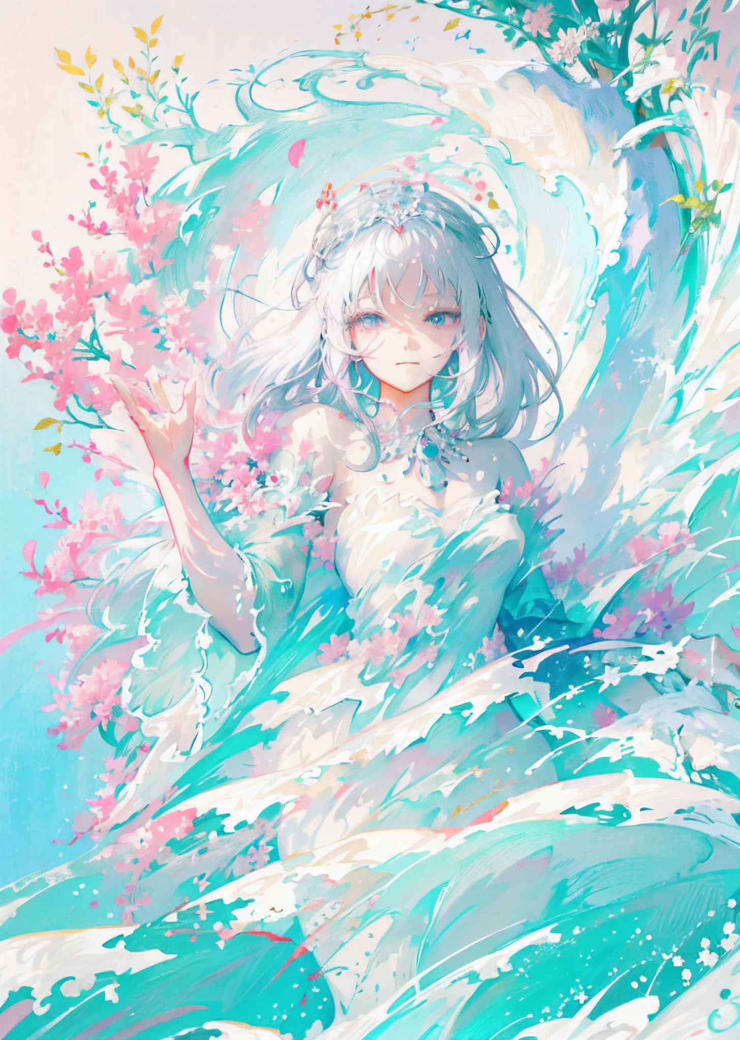 anime girl with long white silver hair standing in water with flowers, anime goddess, white haired deity, trending on artstation pixiv, cute anime waifu in a nice dress, ((a beautiful fantasy empress)), beautiful anime artwork, ”beautiful anime woman, portrait knights of zodiac girl, masterpiece goddess of sorrow, beautiful anime art, beautiful anime woman, White silver long hair,lovely pink eye,anime goddess,White long dress with silk,happy smile face,elegant woman,clear blue sky background,middle of colourful flower fields,flower crown,colourful and shining , detailed digital anime art,white haired deity,8k high quality detailed art,fantasy art,beautiful fantasy anime artwork,beautiful fantasy illustrate,fantasy art style,beautiful and elegant goddess, 2.5 d cgi anime fantasy anime artwork,goddess of flower,beautiful flower field,white hair,detailed beautiful face,pink eye, (8k high quality detail)