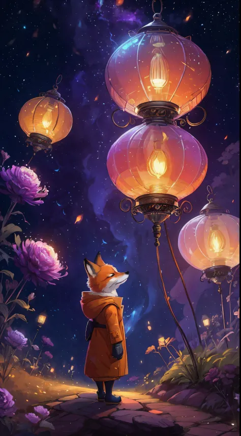 a painting of a fox in a coat looking at lanterns, glowing lanterns, beeple and jeremiah ketner, beautiful art uhd 4 k, amazing ...