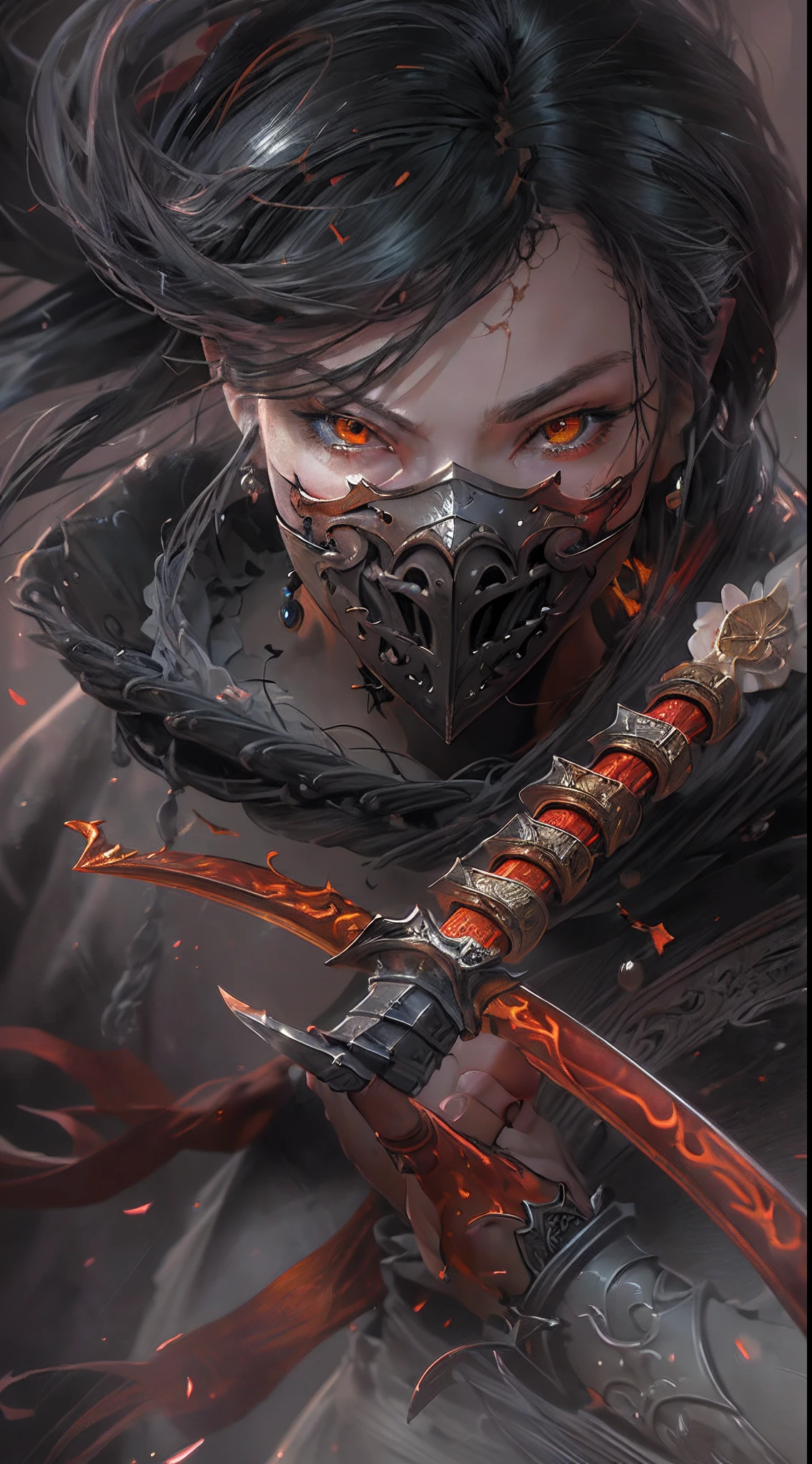 there is an illustration of a woman samurai fighting a red skinned demon in the streets at night. A Japanese woman samurai, a female warrior, ultra detailed face (best details, Masterpiece, best quality: 1.5), ultra feminine, exquisitely beautiful pale skin, long hair, black hair, dynamic eyes color, armed with a katana (best details, Masterpiece, best quality: 1.5), shinning sword (best details, Masterpiece, best quality: 1.3) wearing armor. BREAK  a [demon] (best details, Masterpiece, best quality: 1.4), red skinned (best details, Masterpiece, best quality: 1.5), black eyes, black mane, bat wings (best details, Masterpiece, best quality: 1.5), horns, big horns, armed with a long blade covered in flames (best details, Masterpiece, best quality: 1.5), covered in red fire. medieval Japanese street (best details, Masterpiece, best quality: 1.4) background, night time, moon light, street lamp light, Ultra-Wide Angle, high detail, award winning, best quality, HD, 16K, 3D rendering, high details, best quality, highres, ultra wide angle, 3D rendering, photorealistic, ultra realistic [[anatomically correct]]
