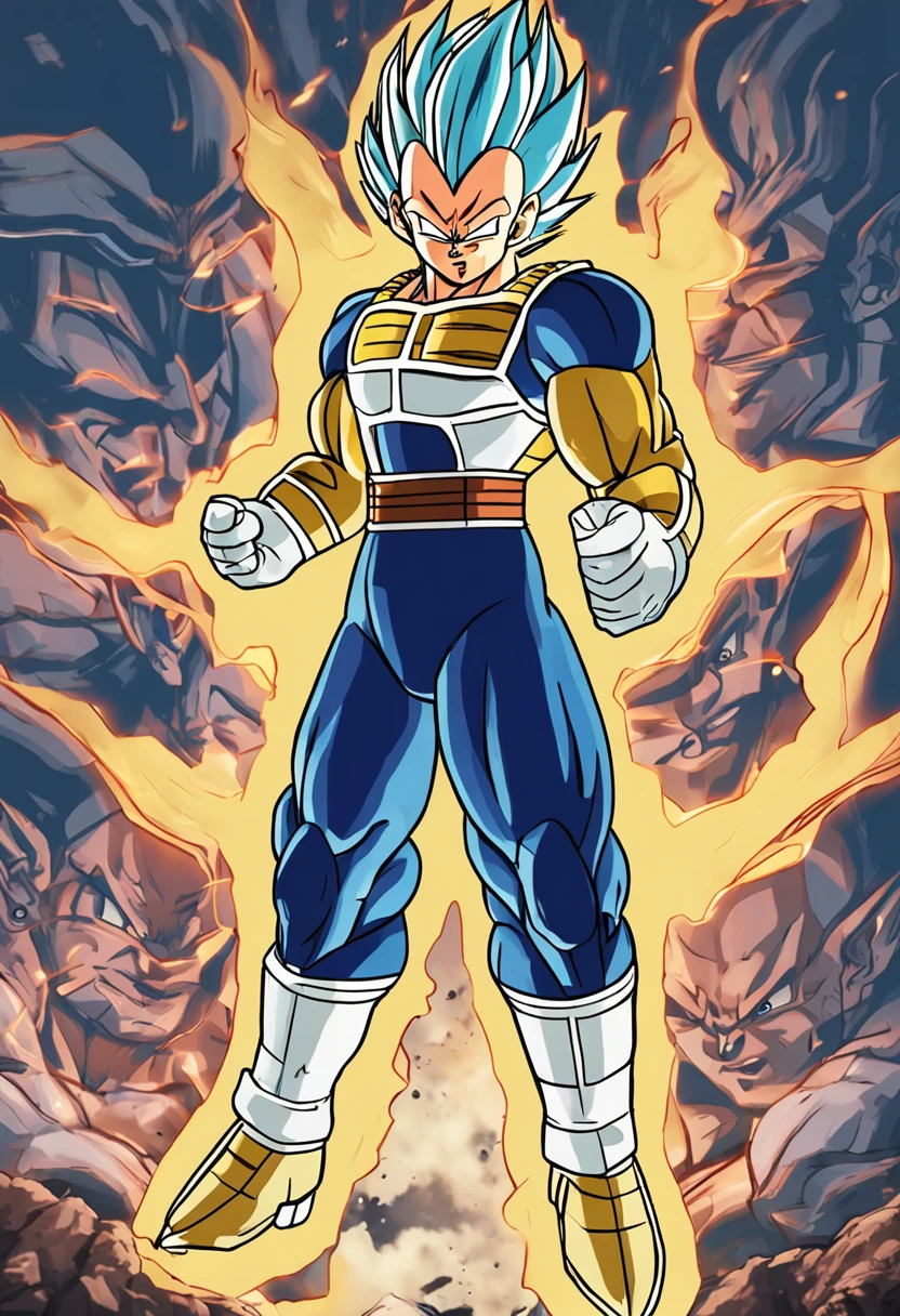 A drawing of a very young vegeta with a flame in the background - SeaArt AI