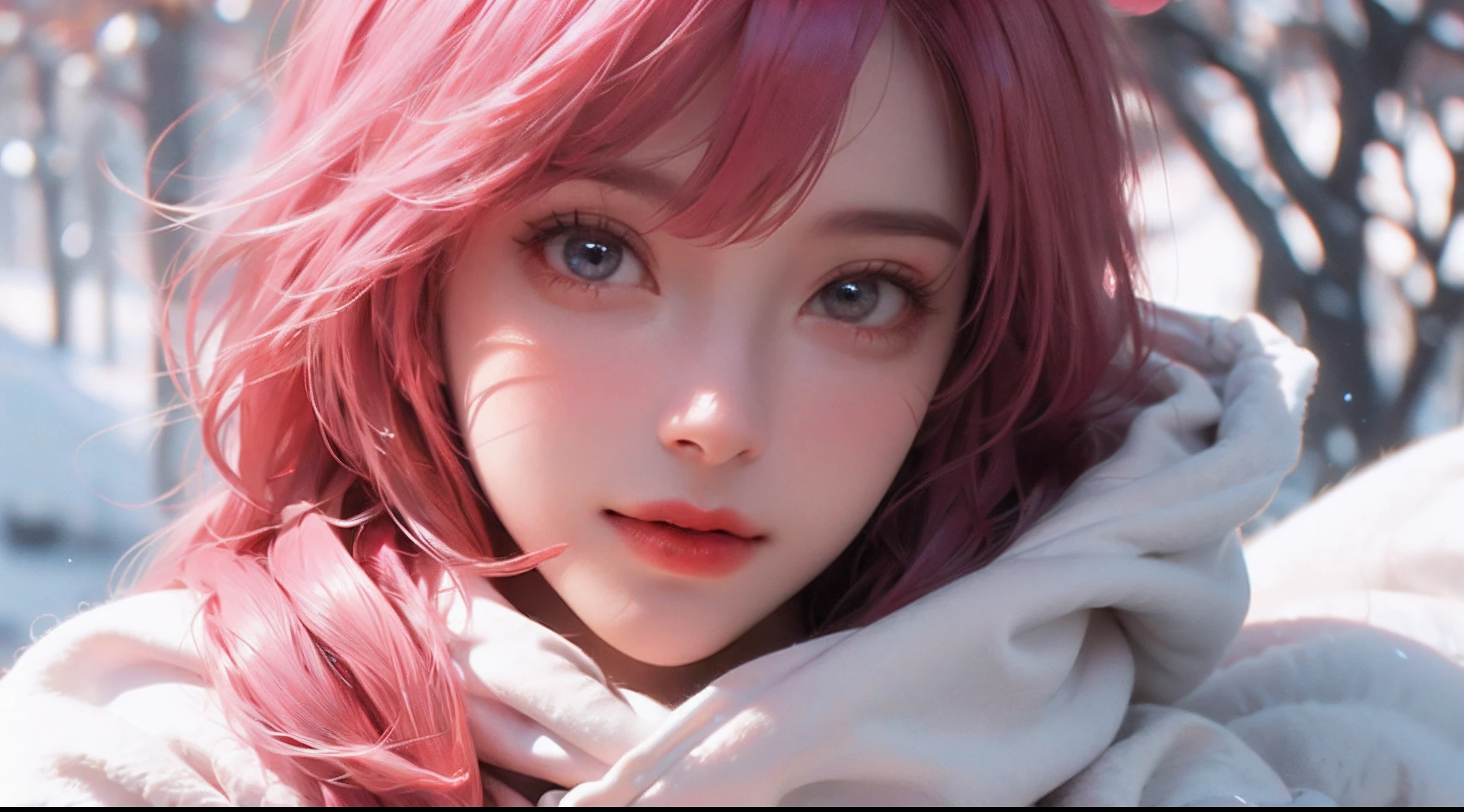 （closeup cleavage：1.4），
（RAW photogr：1.2），（realisticlying：1.4），（tmasterpiece：1.3），（best qualtiy：1.4），dream magical，（Detailed eyes），（detailedfacialfeatures），（detailed clothes features），skin tight，（shiny skins），（Slender girl），1girll，（（full bodyesbian）），solo，adolable，smlie，（mediuml breasts），By bangs，hair straight，long whitr hair，Pink hair，eBlue eyes，Red crystal pendant， Long blue scarf，White long wool coat，snowfield