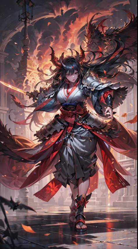 there is an illustration of a woman samurai fighting a red skinned demon in the streets at night. A Japanese woman samurai, a female warrior, ultra detailed face (best details, Masterpiece, best quality: 1.5), ultra feminine, exquisitely beautiful pale ski...