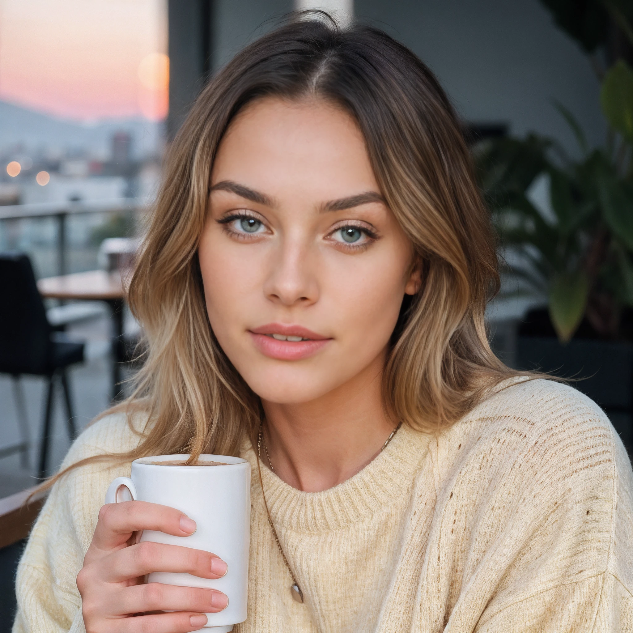 linda loira linda vestindo suéter amarelo (tomando café dentro de um café moderno ao pôr do sol), Muito detalhado, 2, cara inocente, cabelo com ondas naturais, olhos azuis, alta resolução, obra de arte, melhor qualidade,detalhes intrincados, Altamente detalhado,foco nitído, pele detalhada,realista skin textura,textura, olhos detalhados, profissional, 4K, sorriso encantador, filmado em Canon, 85mm,profundidade superficial de campo,Cores Kodak Vision, corpo em forma perfeita, extremamente detalhado, foto_\(ultra\), fotorealista, realista, Pós-processamento, detalhe máximo, rugosidade, Vida real, ultra realista, fotorealism, fotography, 8k hd, fotography