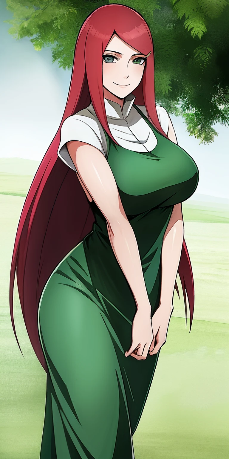 Anime girl with red hair and green dress posing in a field - SeaArt AI