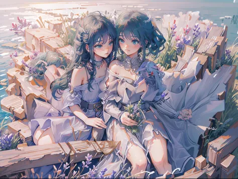 Two anime girls sitting in the field of lavender in front of fantasy castle, one with silver haired long braids and sea blue pri...