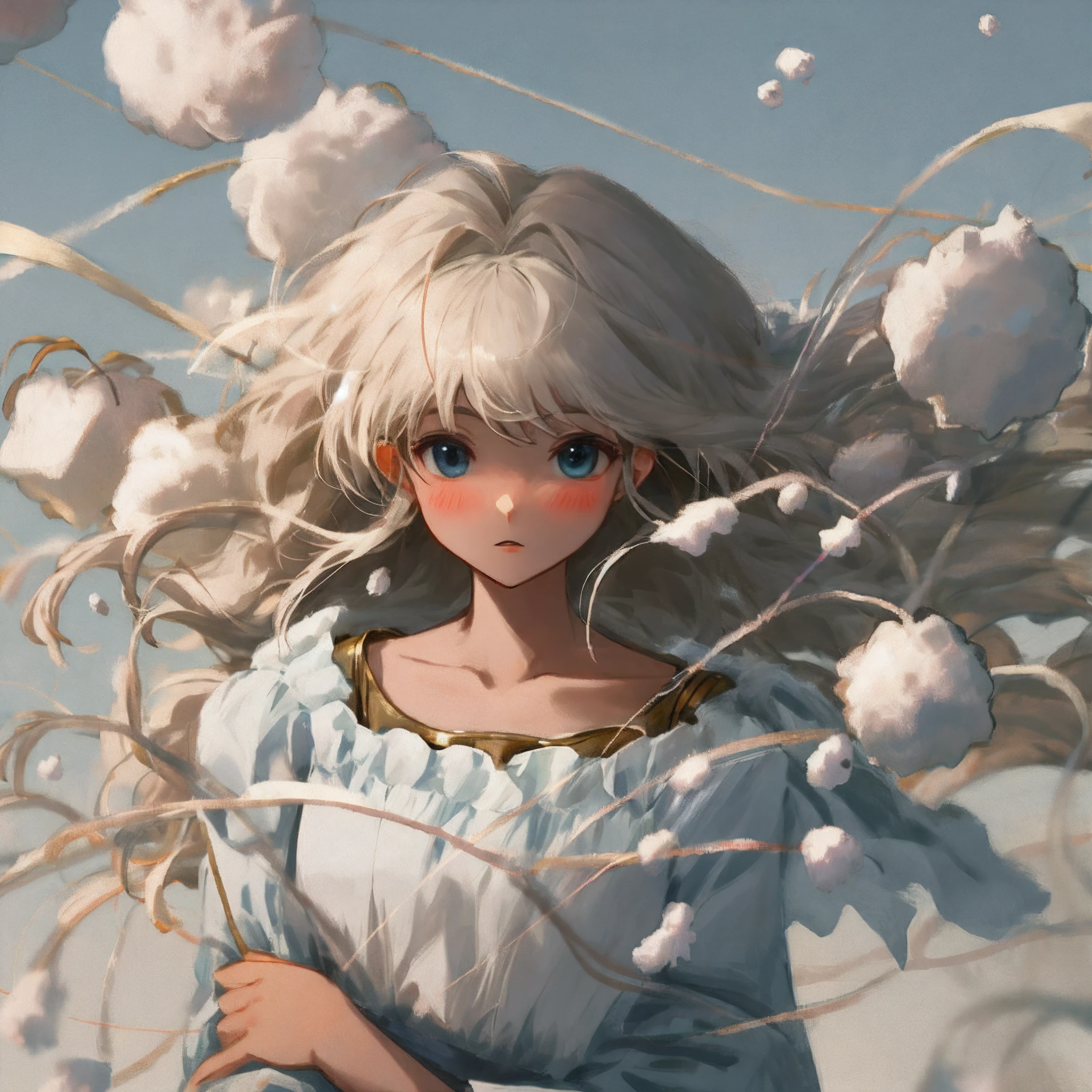 Anime girl with white hair and blue eyes standing in front of a cloud ...