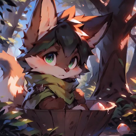 A curious male fox cub pokes its head out of a cozy fox den in the forest. He has orange fur, bushy tail, And cheer up the big fluffy ears. He wears the green adventurer's hat and scarf. His eyes were bright and surprised as he looked out of the study in t...