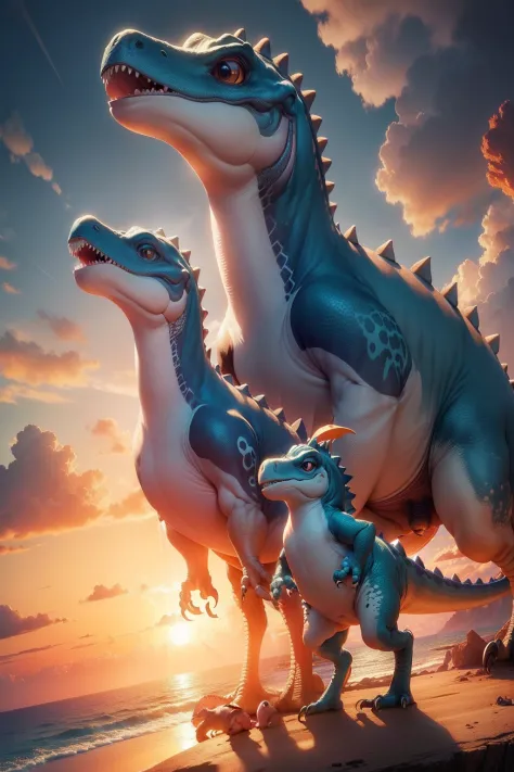 (masterpiece, best quality, ultra-detailed CG unity 8k wallpaper), (charming, cute, adorable) dinosaur family, (Disney-like style, whimsical), vibrant colors, dynamic pose, sunrise on the horizon.
