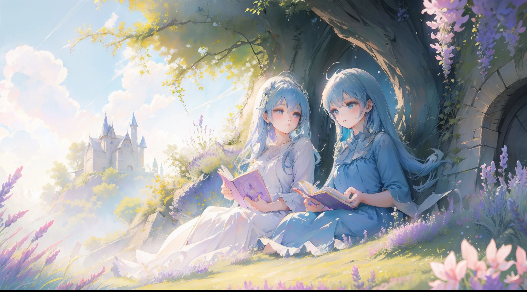 Two anime girls sitting in the grass and field of lavender in front of fantasy castle, one with white haired long braids and wearing blue princess dress and another one is blue haired long side ponytail and wearing deep violent dress , ((both long hair )), shining hair deity, 8k detailed high quality artwork, fantasy artwork, anime fantasy artwork, high quality fantasy art,detailed hair and dress,detailed fantasy background, beautiful anime artwork, girls in cute dress,one with silver hair and another one is with blue hair, masterpiece art,detailed background, high quality wallpaper, flower field background , elegant and delicate girls,reading book pose, tea party,yuri