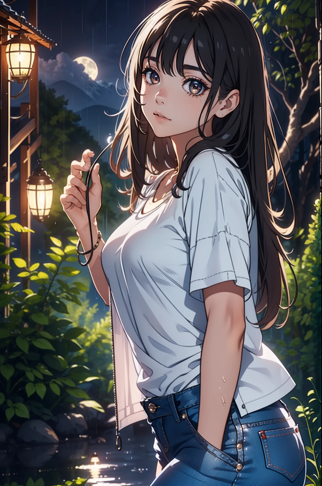 One girl, happy, moon, 24-years, lantern, night, ground, Wide black t-shirt with black chain, jeans, Slightly chubby, nose is small, not too pointed, long hair, slightly wavy, boobs big, brown hair without bangs, water, outdoors, sky, full moon, rain, mountain, cloud, paper lantern, standing, night sky, tree, sideways, reflection, cloudy sky (masterpiece), (extremely detailed 8k CG wallpaper), top quality, ground, 1girl, cinematic lighting, intricate background, beautiful detailed eyes, shining pupils, (exquisitely delicate and lovely), (description of beautiful and detailed brown eyes), ultra-detailed, masterpiece).