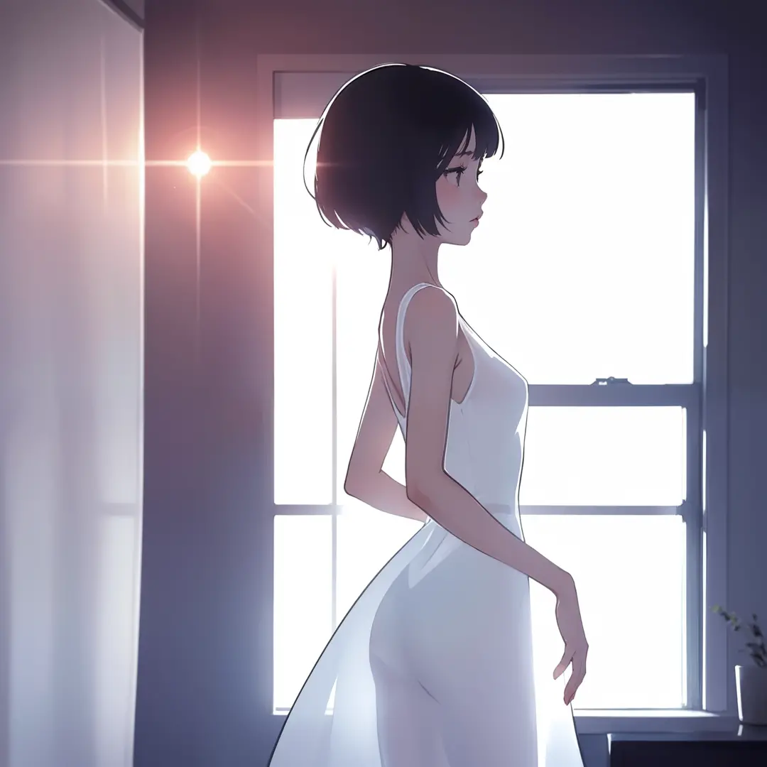 (masterpiece, best quality), 1girl, petite, slim, white dress, transparent dress, see-through silhouette, backlit, backlight, st...