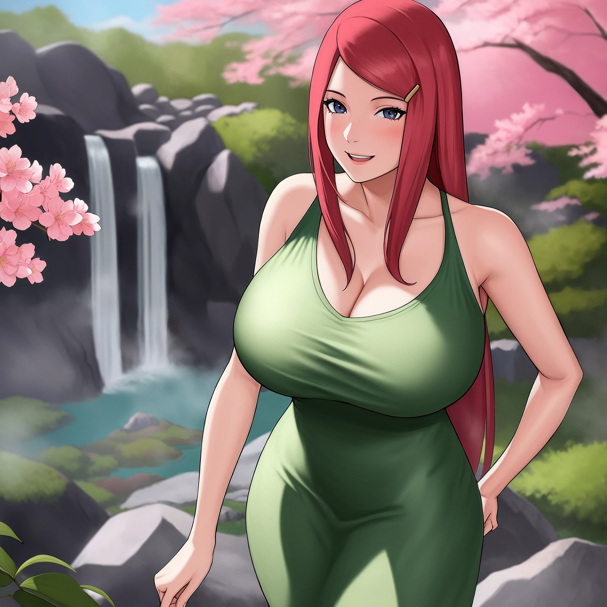 uzumaki_kushina, Grande_senos, De pie, solo, kushina_verde_vestido, Obra maestra, mejor calidad, cara detallada, ojos detallados, alta resolución, sonrisa, feliz, Cerezos en flor, onsen, pecho gigante realista, Punto de vista,