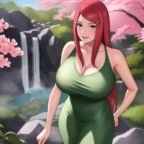 uzumaki_kushina, large_breasts, standing, solo, kushina_green_dress, masterpiece, best quality, detailed face, detailed eyes, hi...