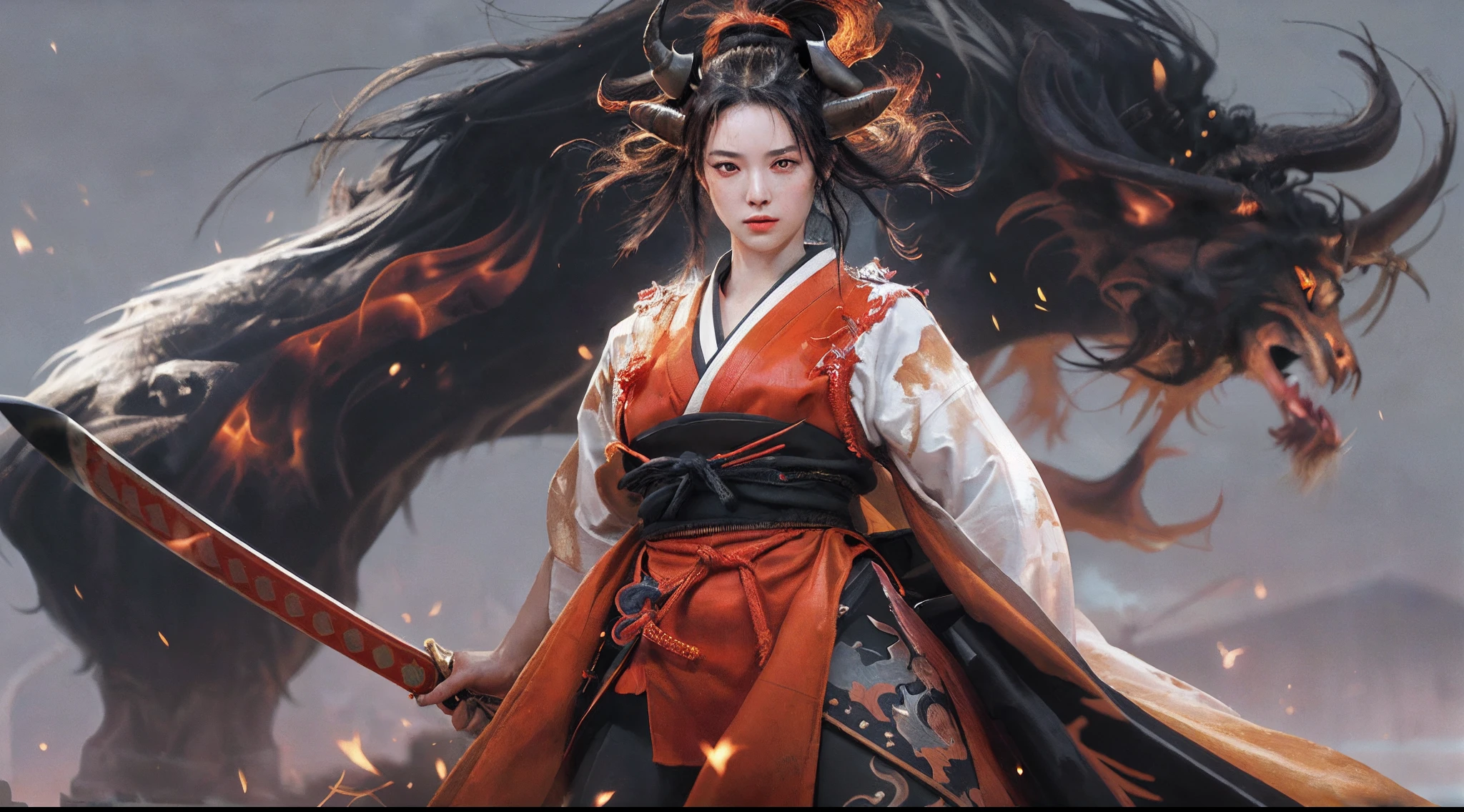 there is an illustration of a woman samurai fighting a ผิวแดง ปีศาจ in the streets at night. ซามูไรหญิงชาวญี่ปุ่น, นักรบหญิง, ใบหน้าที่มีรายละเอียดเป็นพิเศษ (รายละเอียดที่ดีที่สุด, ผลงานชิ้นเอก, คุณภาพดีที่สุด: 1.5), เป็นผู้หญิงเป็นพิเศษ, ผิวสีซีดสวยงามอย่างประณีต, ผมยาว, ผมสีดำ, สีดวงตาแบบไดนามิก, ติดอาวุธด้วยคาทาน่า (รายละเอียดที่ดีที่สุด, ผลงานชิ้นเอก, คุณภาพดีที่สุด: 1.5), ดาบวาววับ (รายละเอียดที่ดีที่สุด, ผลงานชิ้นเอก, คุณภาพดีที่สุด: 1.3) สวมชุดเกราะ. ทำลาย [ปีศาจ] (รายละเอียดที่ดีที่สุด, ผลงานชิ้นเอก, คุณภาพดีที่สุด: 1.4), ผิวแดง (รายละเอียดที่ดีที่สุด, ผลงานชิ้นเอก, คุณภาพดีที่สุด: 1.5), ตาสีดำ, แผงคอสีดำ, ปีกค้างคาว (รายละเอียดที่ดีที่สุด, ผลงานชิ้นเอก, คุณภาพดีที่สุด: 1.5), แตร, big แตร, มีดาบยาวปกคลุมไปด้วยเปลวเพลิง (รายละเอียดที่ดีที่สุด, ผลงานชิ้นเอก, คุณภาพดีที่สุด: 1.5), ปกคลุมไปด้วยไฟสีแดง. ถนนญี่ปุ่นยุคกลาง (รายละเอียดที่ดีที่สุด, ผลงานชิ้นเอก, คุณภาพดีที่สุด: 1.4) พื้นหลัง, เวลากลางคืน, แสงจันทร์, ไฟถนน, มุมกว้างพิเศษ, รายละเอียดสูง, ได้รับรางวัล, คุณภาพดีที่สุด, เอชดี, 16ก, การเรนเดอร์ 3 มิติ, รายละเอียดสูงs, คุณภาพดีที่สุด, ความสูง, มุมกว้างพิเศษ, การเรนเดอร์ 3 มิติ, เหมือนจริง, สมจริงเป็นพิเศษ [[ถูกต้องตามหลักกายวิภาคศาสตร์]]