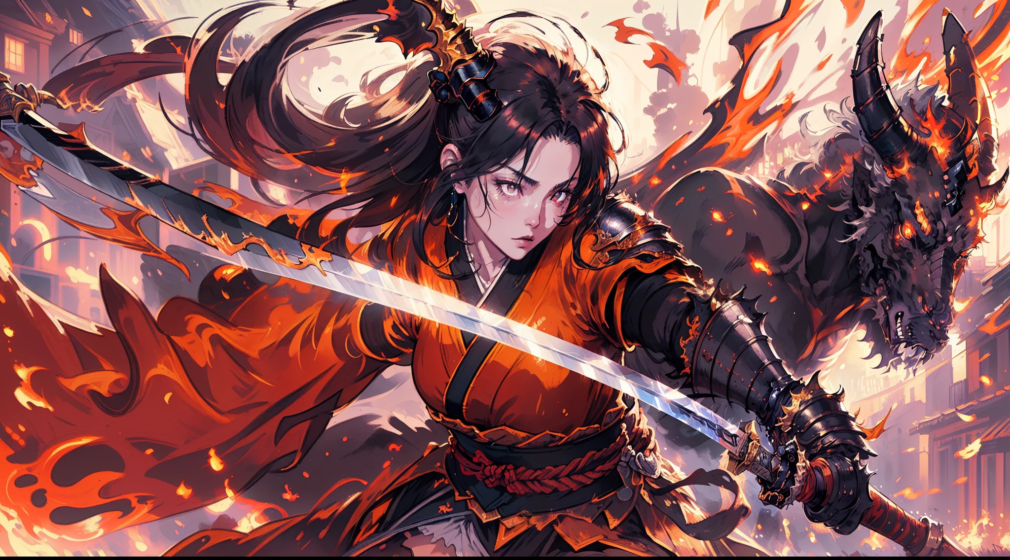 there is an illustration of a woman samurai fighting a ผิวแดง ปีศาจ in the streets at night. ซามูไรหญิงชาวญี่ปุ่น, นักรบหญิง, ใบหน้าที่มีรายละเอียดเป็นพิเศษ (รายละเอียดที่ดีที่สุด, ผลงานชิ้นเอก, คุณภาพดีที่สุด: 1.5), เป็นผู้หญิงเป็นพิเศษ, ผิวสีซีดสวยงามอย่างประณีต, ผมยาว, ผมสีดำ, สีดวงตาแบบไดนามิก, ติดอาวุธด้วยคาทาน่า (รายละเอียดที่ดีที่สุด, ผลงานชิ้นเอก, คุณภาพดีที่สุด: 1.5), ดาบวาววับ (รายละเอียดที่ดีที่สุด, ผลงานชิ้นเอก, คุณภาพดีที่สุด: 1.3) สวมชุดเกราะ. ทำลาย [ปีศาจ] (รายละเอียดที่ดีที่สุด, ผลงานชิ้นเอก, คุณภาพดีที่สุด: 1.4), ผิวแดง (รายละเอียดที่ดีที่สุด, ผลงานชิ้นเอก, คุณภาพดีที่สุด: 1.5), ตาสีดำ, แผงคอสีดำ, ปีกค้างคาว (รายละเอียดที่ดีที่สุด, ผลงานชิ้นเอก, คุณภาพดีที่สุด: 1.5), แตร, big แตร, มีดาบยาวปกคลุมไปด้วยเปลวเพลิง (รายละเอียดที่ดีที่สุด, ผลงานชิ้นเอก, คุณภาพดีที่สุด: 1.5), ปกคลุมไปด้วยไฟสีแดง. ถนนญี่ปุ่นยุคกลาง (รายละเอียดที่ดีที่สุด, ผลงานชิ้นเอก, คุณภาพดีที่สุด: 1.4) พื้นหลัง, เวลากลางคืน, แสงจันทร์, ไฟถนน, มุมกว้างพิเศษ, รายละเอียดสูง, ได้รับรางวัล, คุณภาพดีที่สุด, เอชดี, 16k,  รายละเอียดสูงs, คุณภาพดีที่สุด, ความสูง, มุมกว้างพิเศษ, เหมือนจริง, สมจริงเป็นพิเศษ [[ถูกต้องตามหลักกายวิภาค]]