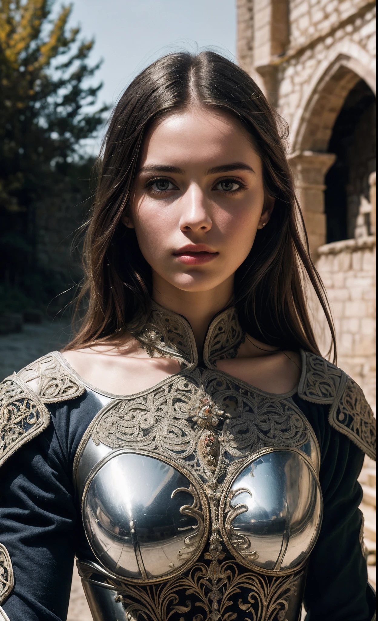 (傑作), (極為複雜:1.3), (實際的), 一個女孩的肖像, 世界上最美麗的, (中世紀盔甲), 金屬反射, 上半身, 戶外, 強烈的陽光, 遙遠的城堡, 一位令人驚嘆的女人的專業照片詳細, 銳利的焦點, 戲劇性, 得獎, 電影燈光, 辛烷渲染, 虛幻引擎, 體積 dtx, (膠片顆粒)