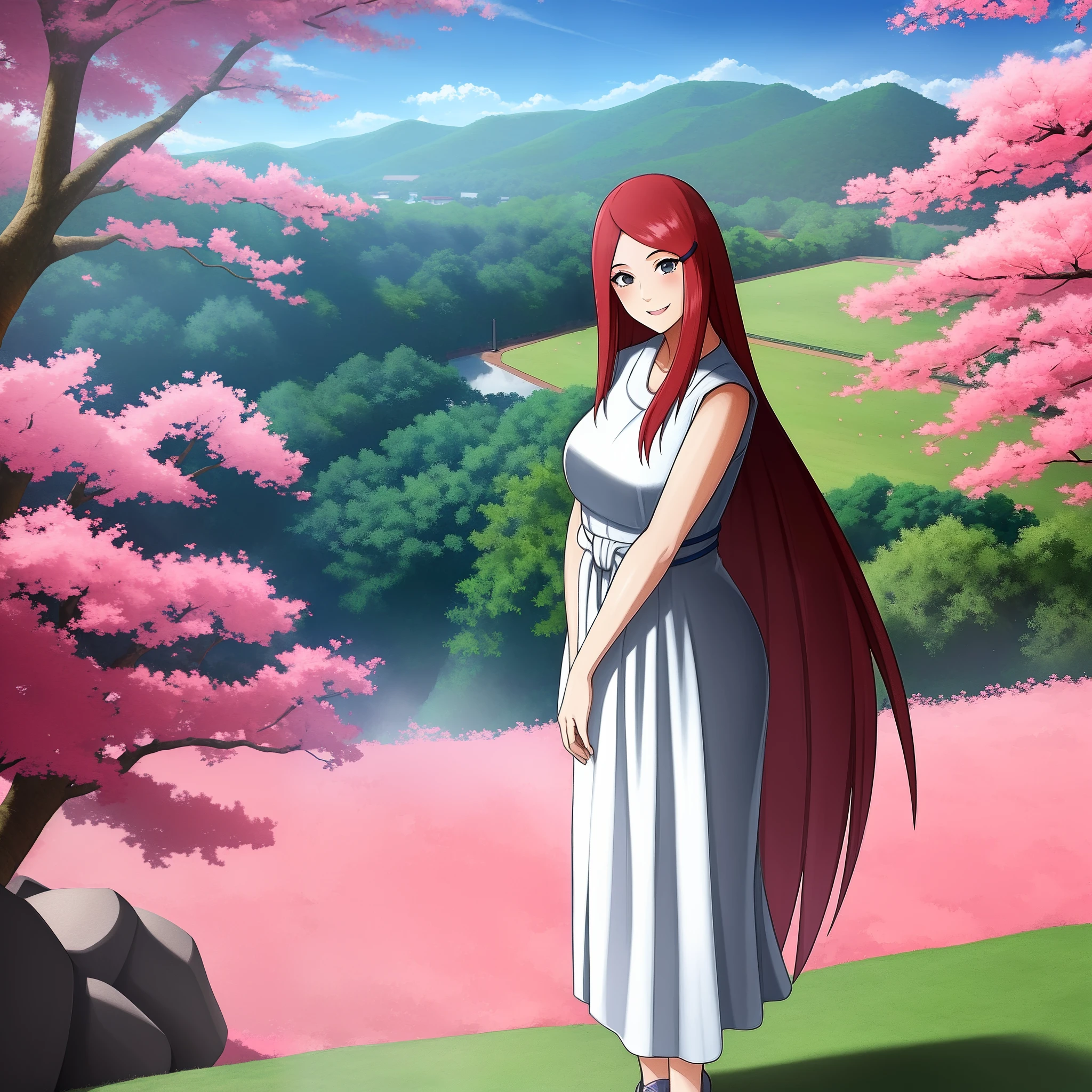 Anime girl with long red hair standing in front of a tree - SeaArt AI