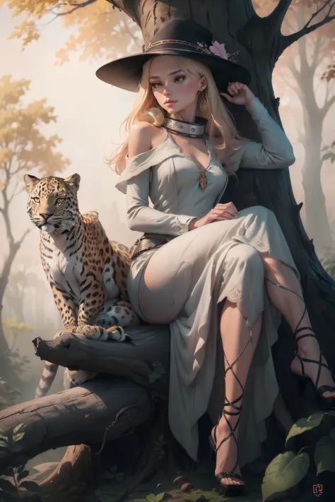painting of a woman, sitting on a tree branch with a leopard, in style of digital illustration, stunning digital illustration, e...