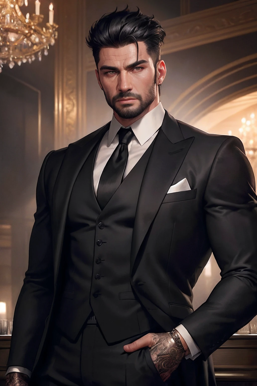 realistic (muscular man:1.1) mob boss, wearing intricate black elegant suite, portrait, short hair, jewelry, in a nightclub, spot lighting the scene, detailed background, intricate details, (illustration), masterpiece, high resolution, best quality.