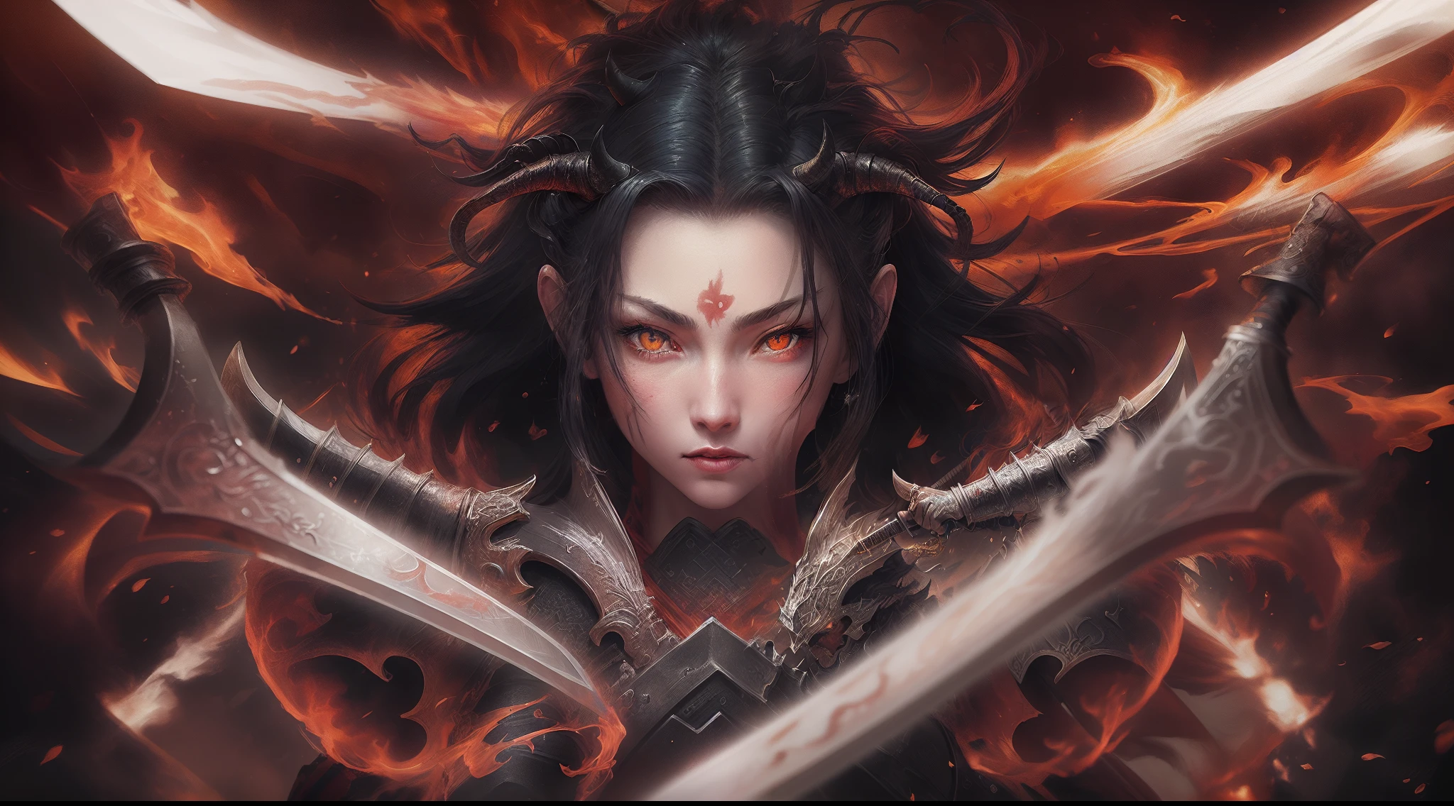 there is an illustration of a woman samurai fighting a red skinned demon in the streets at night. A Japanese woman samurai, a female warrior, ultra detailed face (best details, Masterpiece, best quality: 1.5), ultra feminine, exquisitely beautiful pale skin, long hair, black hair, dynamic eyes color, armed with a katana (best details, Masterpiece, best quality: 1.5), shinning sword (best details, Masterpiece, best quality: 1.3) wearing armor. BREAK  a [demon] (best details, Masterpiece, best quality: 1.4), red skinned (best details, Masterpiece, best quality: 1.5), black eyes, black mane, bat wings (best details, Masterpiece, best quality: 1.5), horns, big horns, armed with a long blade covered in flames (best details, Masterpiece, best quality: 1.5), covered in red fire. medieval Japanese street (best details, Masterpiece, best quality: 1.4) background, night time, moon light, street lamp light, Ultra-Wide Angle, high detail, award winning, best quality, HD, 16K,  high details, best quality, highres, ultra wide angle, photorealistic, ultra realistic [[anatomically correct]]