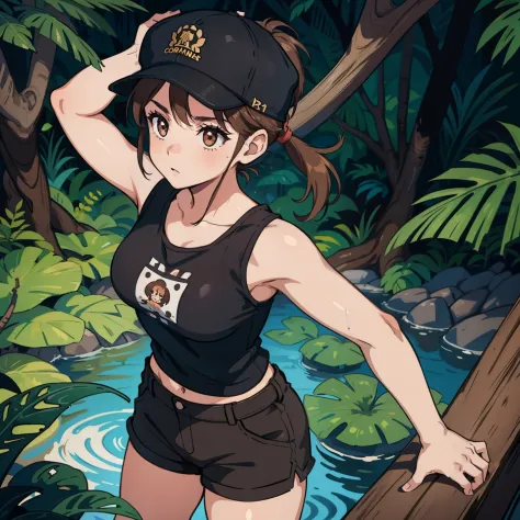 21 year old girl, short brown hair tied in a ponytail, brown eyes, black cap, black top, brown shorts, in a jungle.