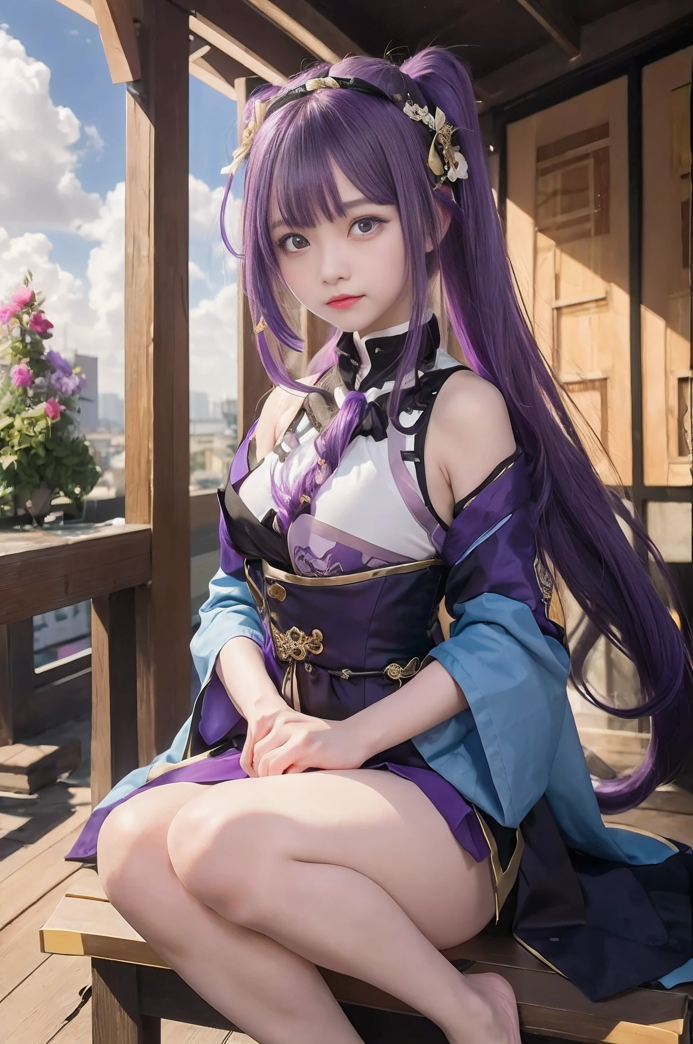 1girl, keqing, from genshin inpact, cute hot, happy, purple eyes sakura, long purple hair, attribute full white and purple and gold, black tape and purple tape, big , big thighs, beautiful, realistis, ultra detail,