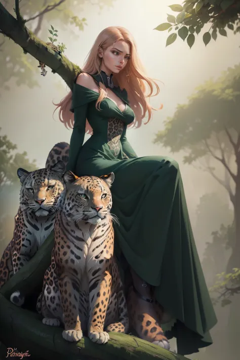 Picture of a woman in a green dress, sitting on a tree branch with two leopards, beautiful digital illustration, in style of dig...