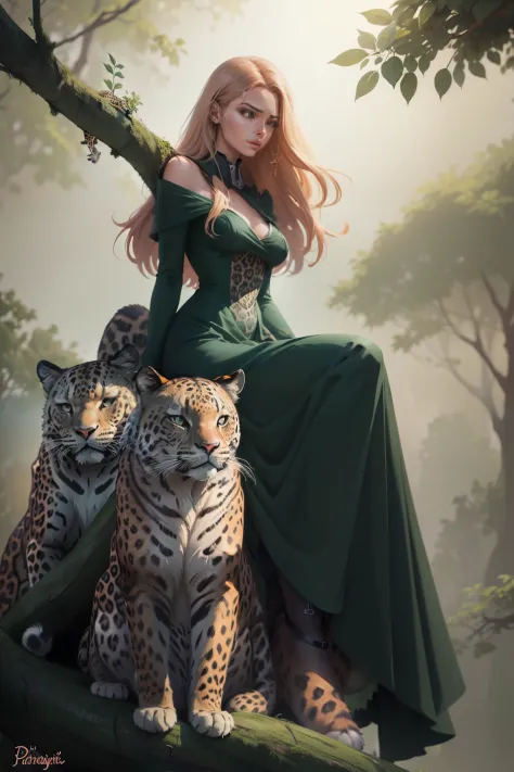 picture of a woman in a green dress, sitting on a tree branch with two leopards, beautiful digital illustration, in style of dig...