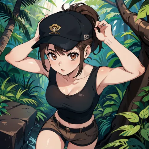 21 year old girl, short brown hair tied in a ponytail, brown eyes, black cap, black top, brown shorts, in a jungle.