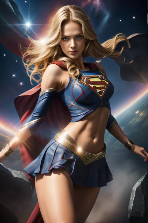 "Supergirl,Age 24-28, high quality, ultra detailed in 16k, DSLR, HDR, high resolution, hyper-realistic photo, hyper-detailed, realistic skin texture, amazing shadows, extremely detailed texture, perfect lighting, high-level image quality." A female superhe...