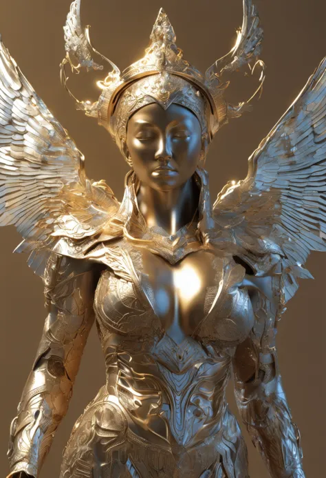 (Ultra resolution 8K), (Obra-prima ultra detalhada), "DO ANJO JUSTO": It possesses an imposing presence with majestic wings unfolding on its back., radiating an ethereal glow. Sua Armadura Celestial, composed of gold and shiny metal sheets, Hugs your body ...