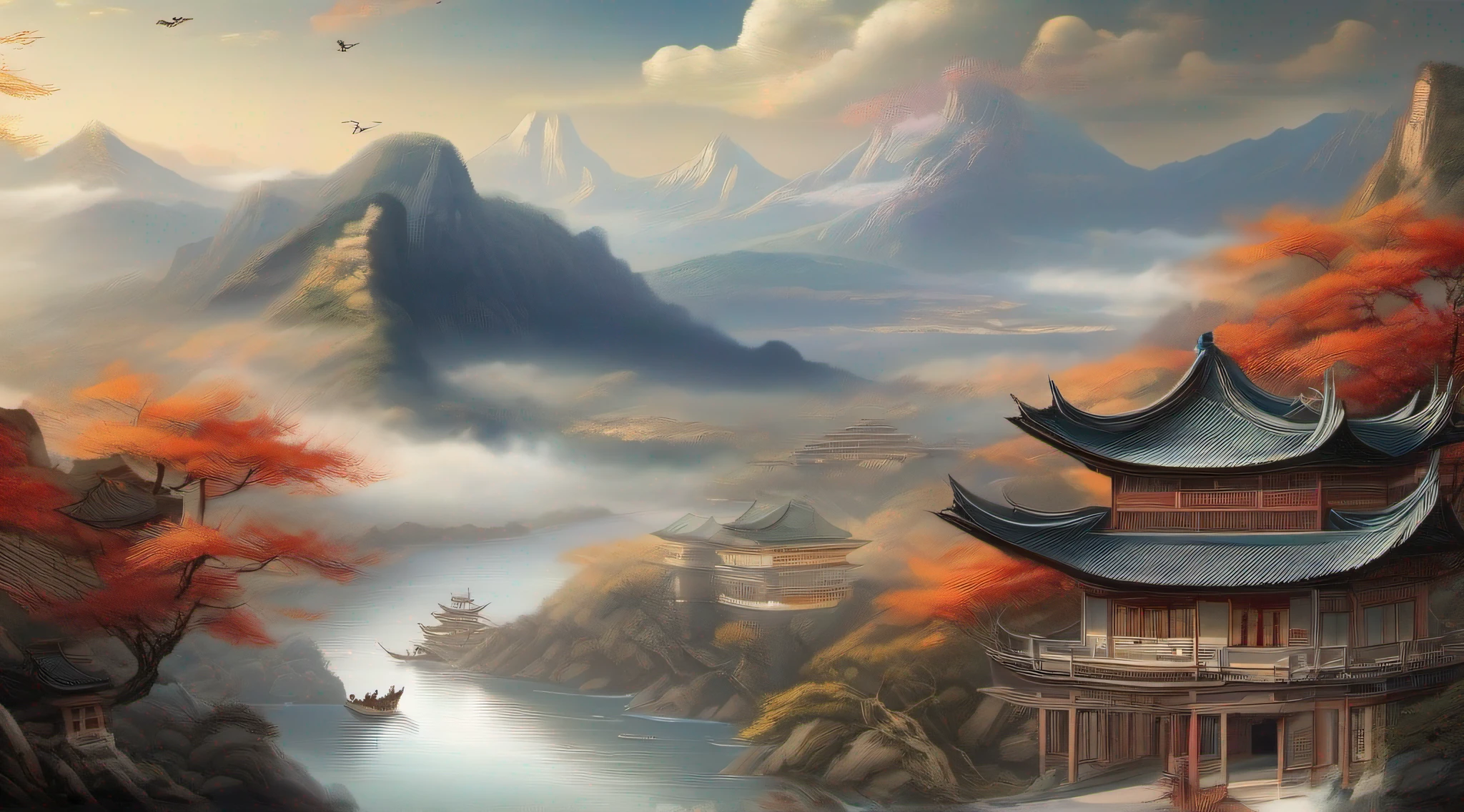 고대 중국 그림, 고대 중국 배경, 산, 강하, 상서로운 구름, 파빌리온, 햇빛, 걸작, 슈퍼 디테일, 서사적 구성, 울트라 HD, 고품질, 매우 상세한, 공식 예술, 통합 8K 벽지, 슈퍼 디테일, 32k -- v 6