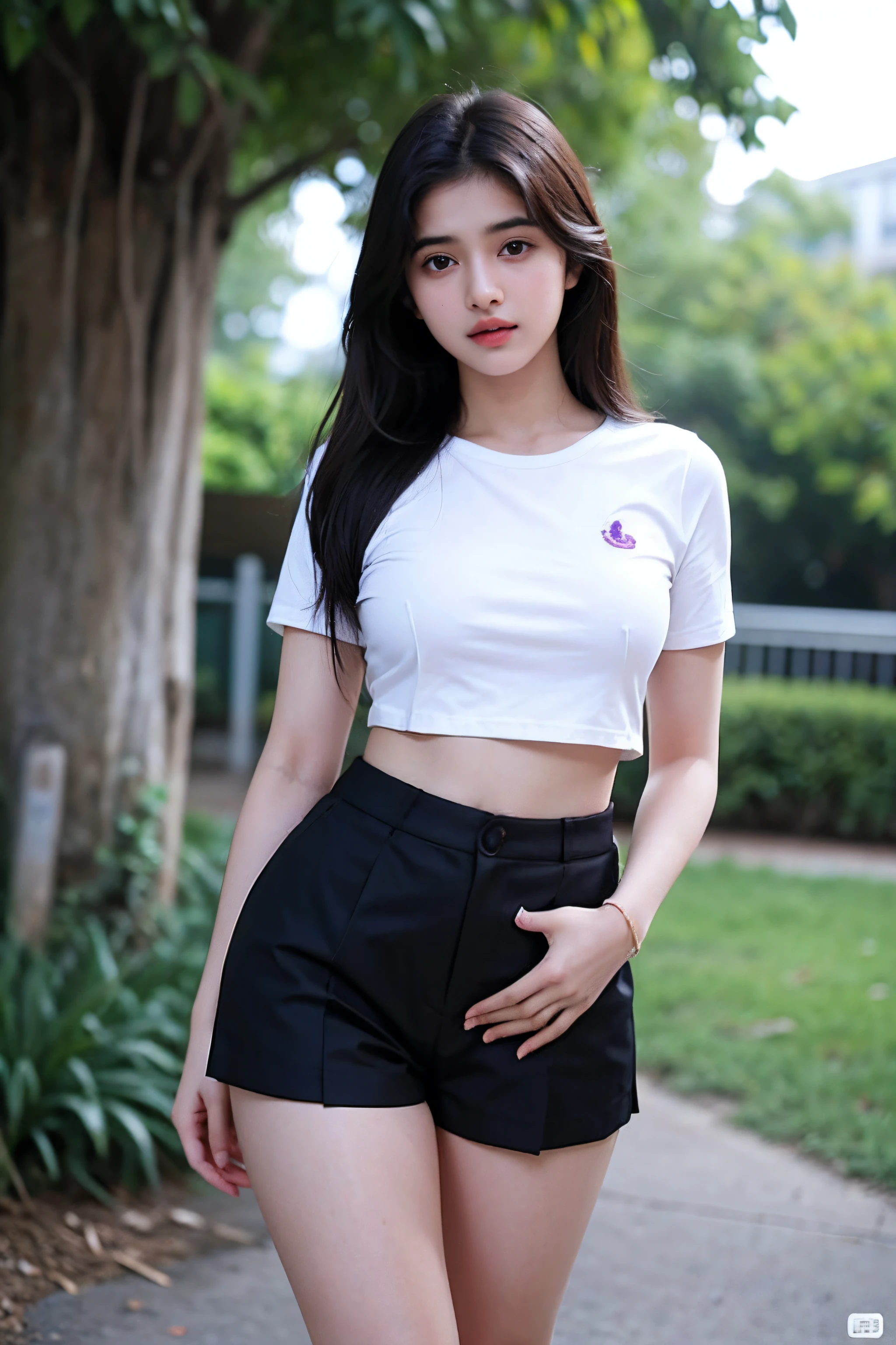 A close up of a woman in a white shirt and black shorts - SeaArt AI