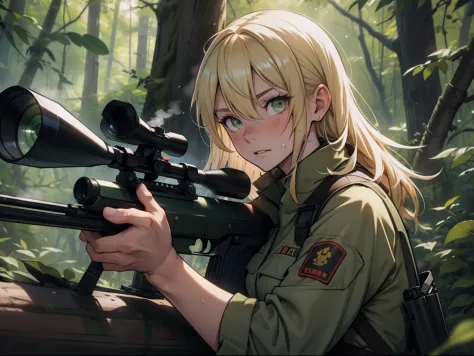 in woods,Hunting,Blonde girl with rifle on her lap,小柄,Green eyes,tense look,Take the rifle and remove the scope,Red face,flat chest,tight-fitting clothes,Sweating,Steaming